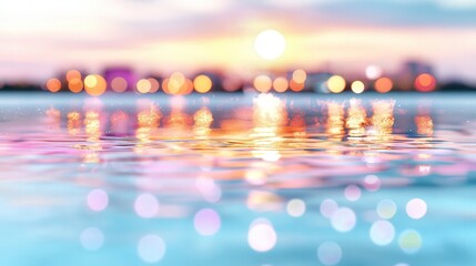 City Lights Reflected in Water at Sunset   Bokeh Background