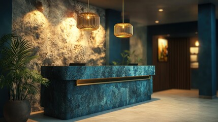 Elegant hotel reception area with a marble counter and stylish lighting.