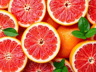 Closeup of vibrant pink citrus fruits including oranges and grapefruits, sliced and halved, oranges, citrus fruits