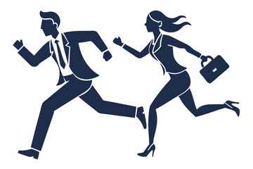Business man and business woman in rush competing run