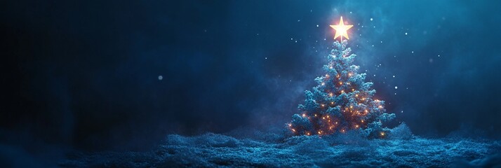 Festive Christmas tree with lights and snowy background, glittering star topper on blue winter.
