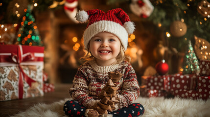 Cheerful child wearing a festive hat sits in front of a decorated Christmas tree with gifts around