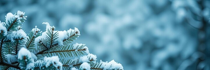 Snow-covered evergreen branches against a teal background, teal, winter