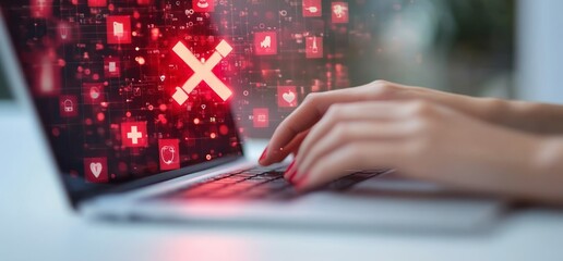 Hands Typing on Laptop with Digital Health Graphics