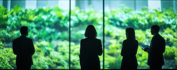 Digital screens displaying eco growth projections, executives discussing sustainable finance