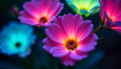 Fototapeta premium A Magical Garden Scene with Vibrant Petals Against Black Background