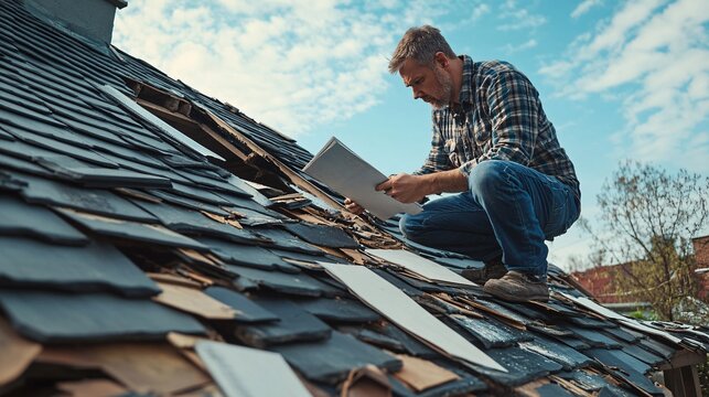 Insurance adjuster inspecting storm-damaged roof, assessing structural damage and taking notes outdoors.