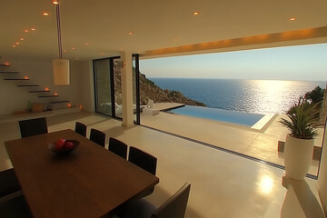 Modern Minimalist Dining Room with Ocean View, Infinity Pool, and Sleek Design
