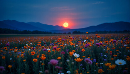 Golden Sunset Illuminating Wildflower Meadow with Majestic Mountain Range in Purple Twilight