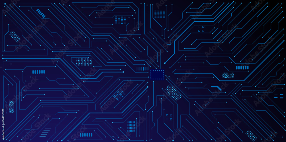 Poster Glowing light blue neon AI chip with thin circuit contact lines. Technology lines circuit and dots on blue background, circuit board network connection.