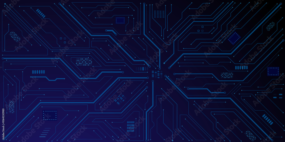 Aufkleber Glowing light blue neon AI chip with thin circuit contact lines. Technology lines circuit and dots on blue background, circuit board network connection.