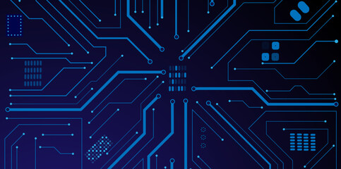Circuit connected lines on technology blue background.  Computing electronics concept. Abstract digital vector illustration.
