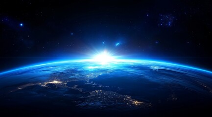 Fototapeta premium Breathtaking view of a blue sunrise on our planet from orbit.
