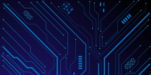 Circuit connected lines on technology blue background.  Computing electronics concept. Abstract digital vector illustration.