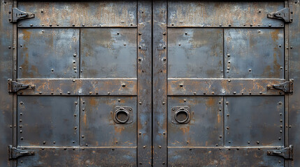 Fototapeta premium Rusty metal double doors with bolts and circular handles against a textured surface.