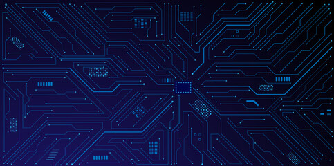 Glowing light blue neon AI chip with thin circuit contact lines. Technology lines circuit and dots on blue background, circuit board network connection.