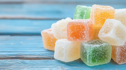 Colorful Gummy Cubes on Blue Wooden Background   Sweet Treat  Dessert  Candy  Food Photogr