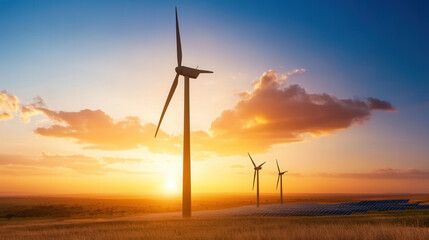 Obraz premium Sustainable energy landscape featuring wind turbines and solar panels at sunset, showcasing renewable energy sources in harmony with nature