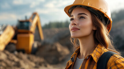 female mining engineer wearing hard hat, looking confidently at machinery in mining site. Her expression reflects determination and focus on her work