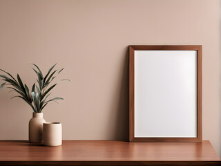 Vertical wooden picture frame, empty poster mockup on wooden table. No content in the frame. Beige wall background. Modern moody minimal interior decor. Side view, copy space