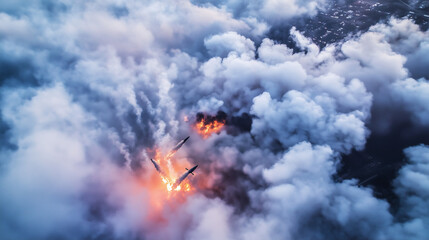Fototapeta premium Aerial view of military aircraft releasing bombs on distant target, smoke and fire erupting from ground, intense action amidst cloudy sky.