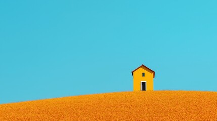 Fototapeta premium Yellow House on a Hilltop Field of Flowers Minimalist Landscape