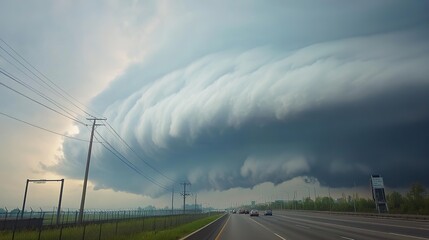 Surreal Scene of Thick Cloud Floating Below Elevated Highway, Creating a Dreamlike and Ethereal Atmosphere with Contrast Between Urban Infrastructure and Nature.
