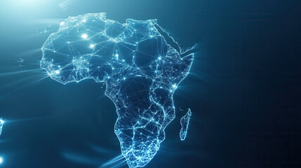 Aerial view of Africa silhouette made from glowing network connections, symbolizing technology and innovation. image evokes sense of connectivity and progress