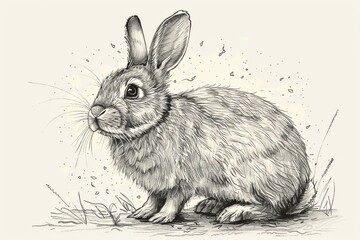 A detailed pencil drawing of a rabbit sitting in a grassy field.