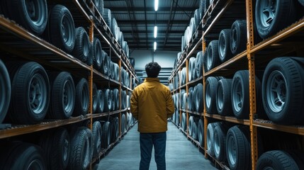 Naklejka premium A person stands in a warehouse aisle lined with stacked tires, suggesting an industrial setting.