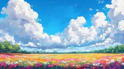 Summer Meadow with Fluffy Clouds