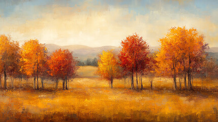 Obraz premium Vibrant autumn landscape featuring colorful trees and a serene field under a soft sky.