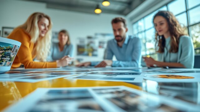 Brand concepts printed on glossy catalog pages, team discussion around table