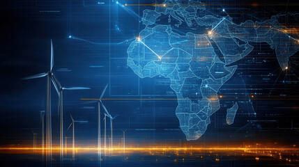 Fototapeta premium Digital map of Africa with wind turbines, showcasing renewable energy. image highlights technological advancements and sustainability in energy production