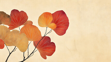 Vibrant orange and red ginkgo leaves against a soft beige background, showcasing nature's beauty in a minimalist style.