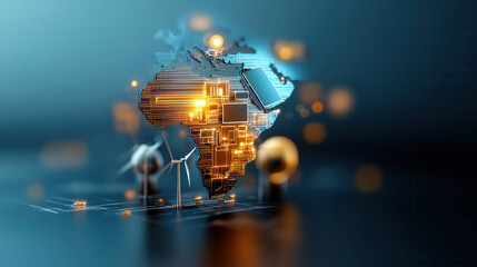 Innovative outline of Africa showcasing renewable energy technologies, including wind turbines and solar panels, symbolizing sustainable development and progress