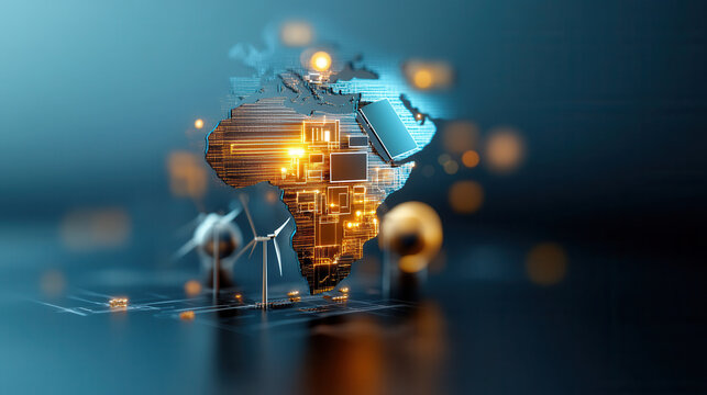 Innovative outline of Africa showcasing renewable energy technologies, including wind turbines and solar panels, symbolizing sustainable development and progress