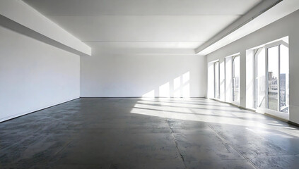 Obraz premium white empty room with shadow window and green plant on white wall luxury background and wooden floor