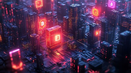 Fototapeta premium A futuristic city with glowing red and pink buildings and neon lights.