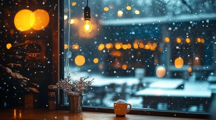 Obraz premium Snowflakes gently fall outside the cozy caf é window, and the warm indoor lights illuminate the surroundings. Create a relaxed and peaceful atmosphere, and create a warm environment.