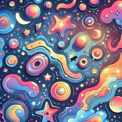 Holo abstract shapes scattered across a digital cosmos with groovy cartoon stars