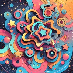Holo abstract shapes scattered across a digital cosmos with groovy cartoon stars