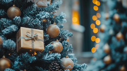 Decorated Christmas tree adorned with golden ornaments and glowing lights in a cozy winter setting