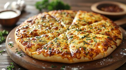 A freshly baked cheese pizza on a wooden board with a wooden table background.