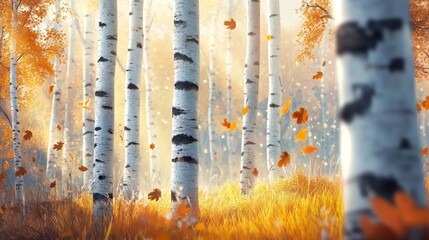 A peaceful autumn forest scene showcasing tall birch trees with prominent black bark markings, surrounded by golden leaves and grass. Highlighting the vibrant autumn colors