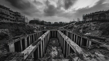 Obraz premium A stark, monochromatic view of a construction site with deep foundations and dramatic skies.