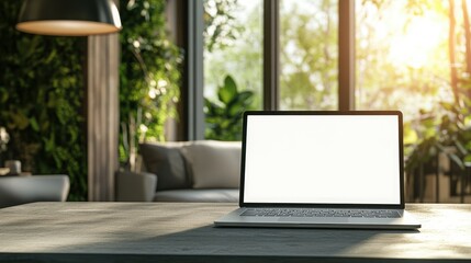 A laptop is open on a table with a vase of flowers next to it
