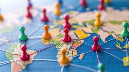 A colorful map with game pieces representing connections across continents.