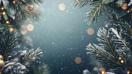 Snowy winter scene with festive pine branches and warm lights creating a cozy holiday atmosphere