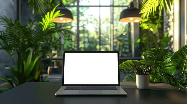 A laptop is open on a table with a vase of flowers next to it